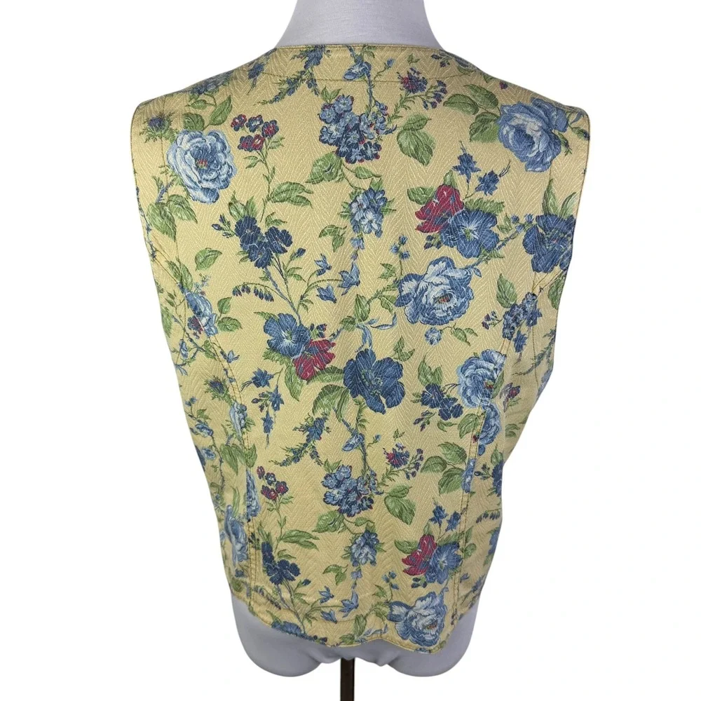 Lizwear Women's Large Reversible Denim Floral Vest Blue Yellow Zip Up Cotton - Picture 7 of 13